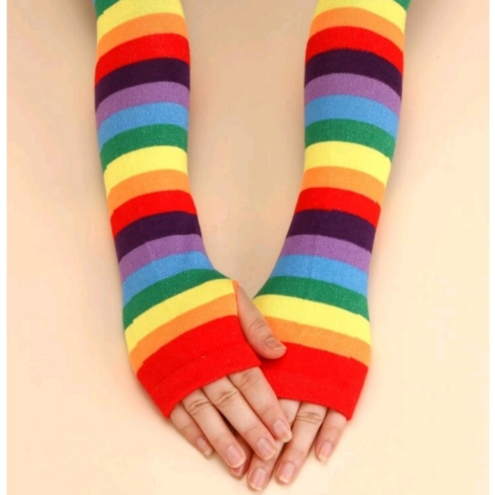 Elbow length fingerless rainbow gloves